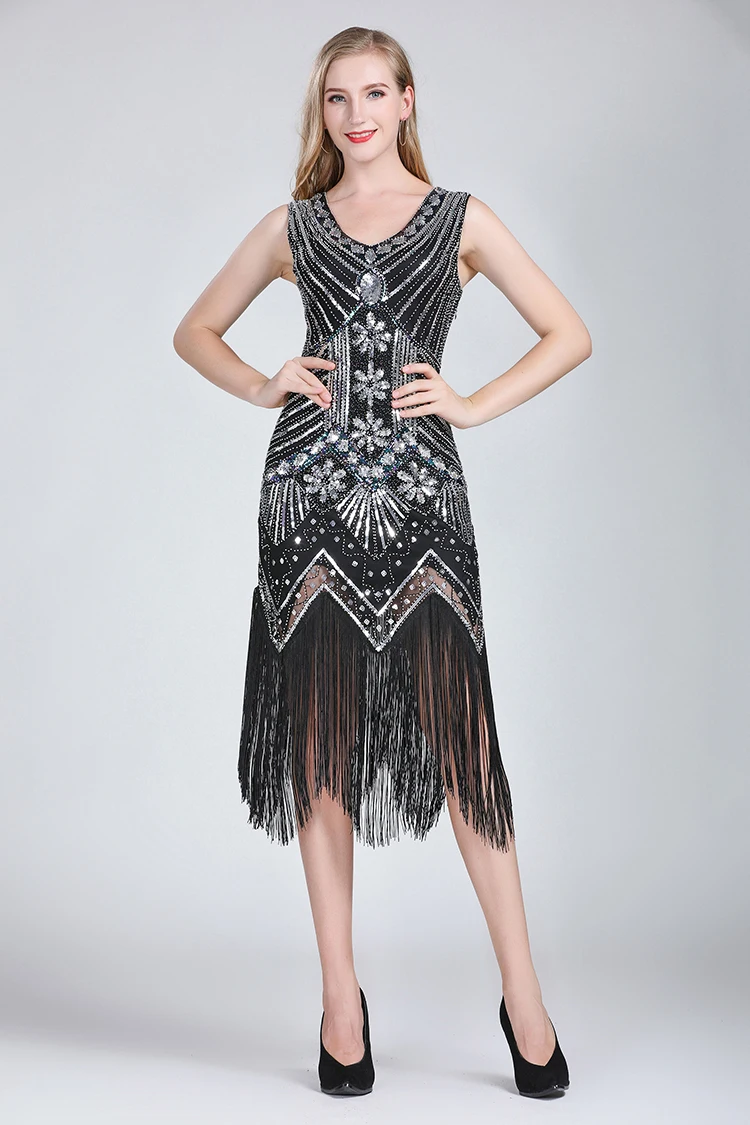Платье в стиле Грейт Гэтсби 1920 s, винтажный стиль, украшенный пайетками, платье с бахромой, рукава миди, вечерние, в стиле арт-деко, двойное летнее платье для девушек