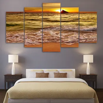 

5 Panel Sunset Golden Sea Waves Boat Large Canvas Painting Beach Canvas Print Poster Picture Canvas Painting