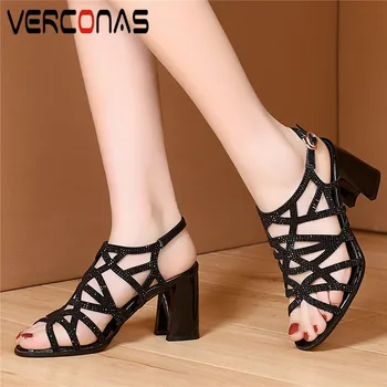 

VERCONAS Women Genuine Leather Rhinestones Fashion Buckle Shallow Thick Heel Round Toe Thick Heels Sandals Summer Shoes Woman