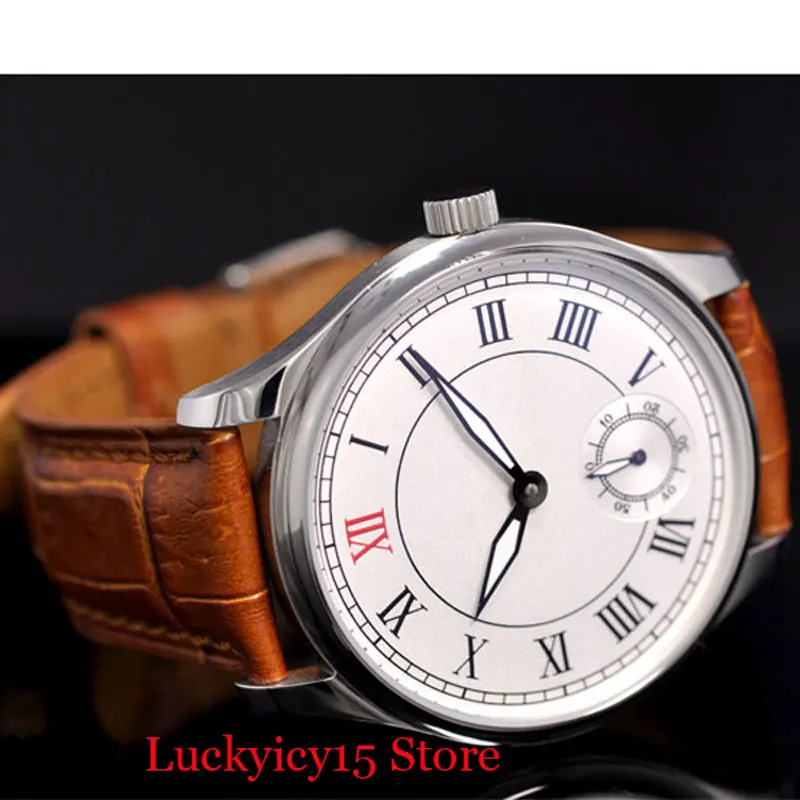 

PARNIS Fashional Classic 6498 Hand Winding Men Wristwatch Movement 44mm Silver Case White Dial Brown Leather Strap