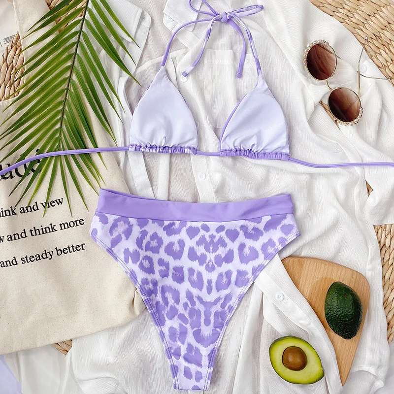 INGAGA Leopard Swimsuits High Waist Bikinis Swimwear Women Halter Biquini High Cut Bikini Set Patchwork Bathing Suit Women
