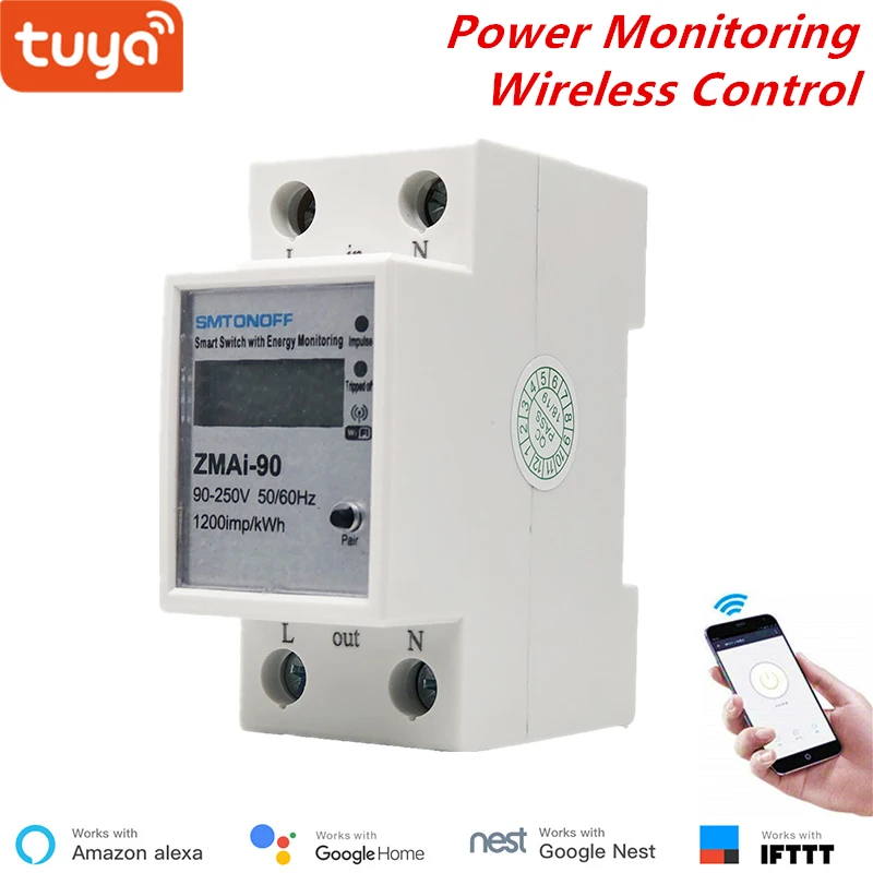 

Tuya Smart WiFi Power Consumption Switch Energy Monitoring Meter 110V- 220V Din Rail Remote Control Google assistance Compatible