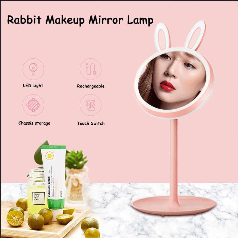 

HD Desktop Mirror Creative Decorative Rabbit Mirror with LED Light Rechargeable Touch Mirror for Makeup Home Fashion Decor Cute