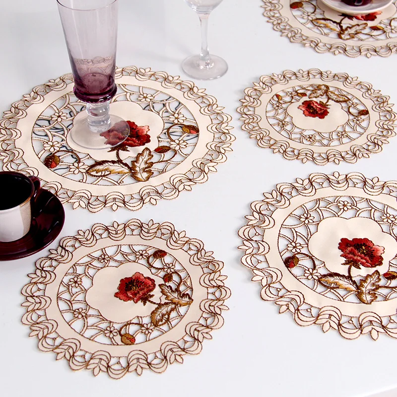 

New Floral Embroidered Flower Hollow Out Placemat Coffee Tea Desk Round Table Mat Tablecloth Party Christmas Wedding Decor