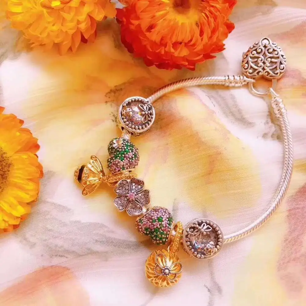 

high quality 1:1 100% 925 silver sterling bee decorated flower fret bracelet free