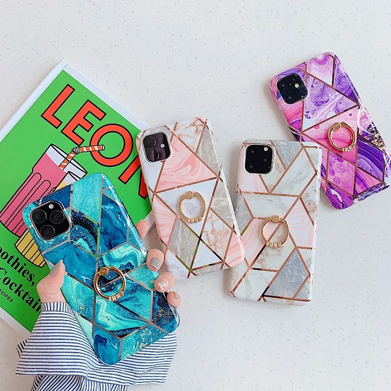 

Plating Geometric Marble Holder Phone Case For iPhone 11 Pro MAX Case 11 XS MAX XR X 6 7 8 Plus Soft Back With Finger Ring Cover