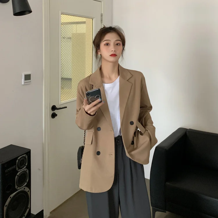 

2020 Vintage Autumn Notched Collar Office Blazer Ladies Double Breasted Slim Work Wear Suit Jackets for Women JK431