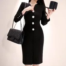 Зимняя одежда с длинными рукавами и v-образным вырезом черного цвета, женские облегающие платья до колена, однобортные обтягивающие соблазнительные платья на пуговицах