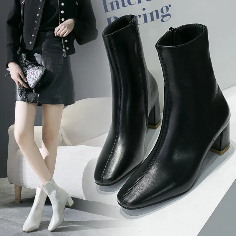 

Ankle Boots Women Shoes Woman Boots Fashion High-heeled Square Toe PU Short Boots 2019 Autumn New PU Color Comfortable Booties