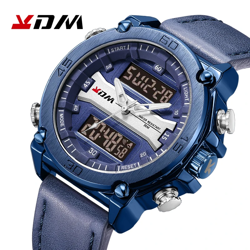 

KDM New Arrival Men Watches Dual Quartz Digital Display Alloy Case Leather Band LCD Backlight Wristwatch Relogio Masculino 2019