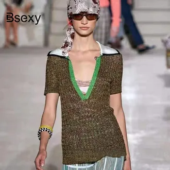 

Runway Women weater 2020 SPring Summer Turn Down Collar Short Sleeve SSlim Knitted Top Bodycon Pullover Shirt