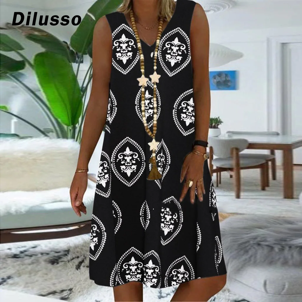 Женское летнее платье с V-образным вырезом без рукавов | Женская одежда