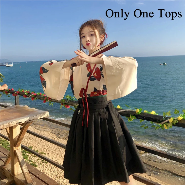Японское кимоно одежда юката девушки Haori Obi с длинным рукавом платья для вечеринок женские Самурайские Топы Цветочная одежда с принтом аниме юбка - Цвет: one tops