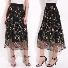 Летняя женская тонкая Тюлевая юбка с высокой талией и цветочной вышивкой, пляжный Сарафан