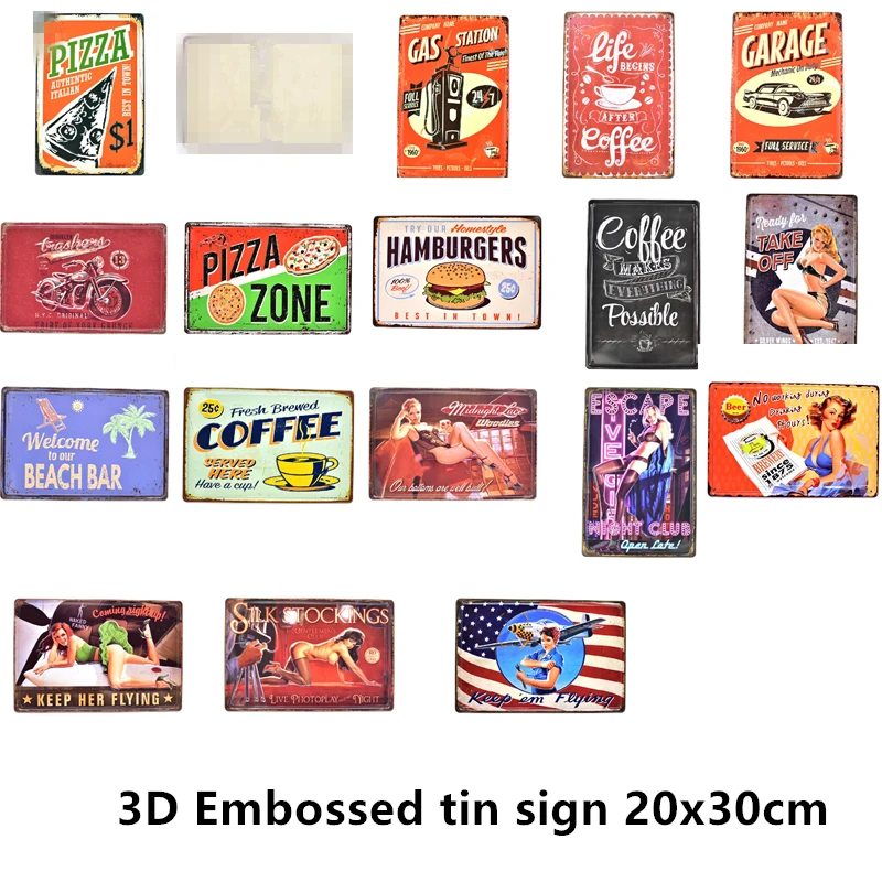 Пицца гараж кофе Pinup 3D Винтаж Металл с тиснением оловянные знаки бар паб кафе Декор тарелки настенные наклейки для уборной железной живописи