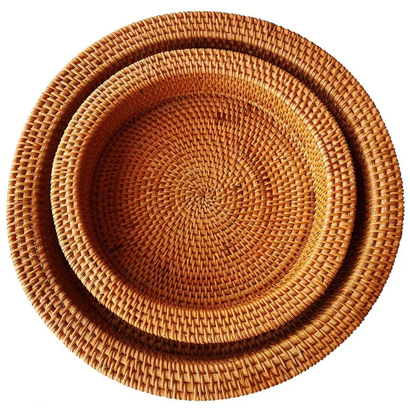 

Best Rattan Hand-Woven Round High Wall Decorative Service Tray for Coffee Table Decorative Food Storage Tray, Wide Side for Brea
