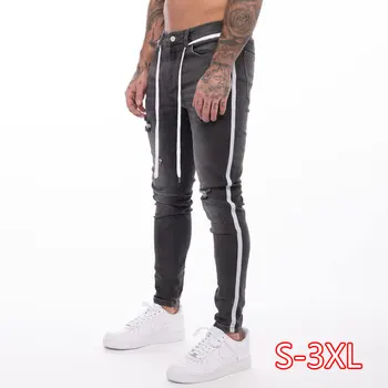 

Mens Side Stripe Skinny Fit Black Denim Jeans Hip Hop Streetwear Solid Color Plus Size Slim Fit Lightweight Cotton Jeans for Men