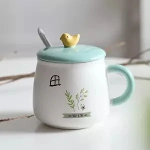 Творческие керамические чашки пасторальный ветер кружка мультфильм парные чашки с Ложка Крышка простой студенческий большой емкости парные чашки Кружка для путешествий - Цвет: 400ML