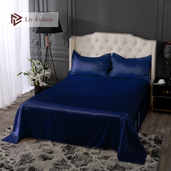 

Liv-Esthete Luxury 100% Silk Blue Flat Sheet Silky Pillowcase Queen King Adult Bed Sheet Healthy Sleep Bed Linen For Family Gift