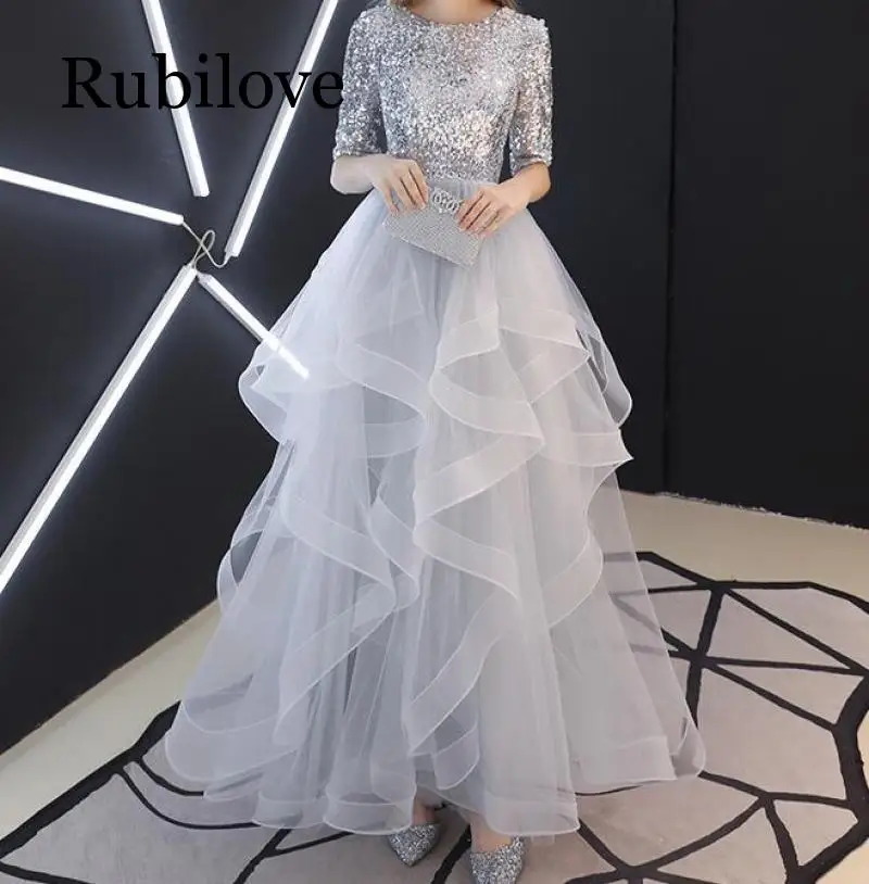 Dress female new spring banquet French sequins birthday host annual meeting ladies performance was thin and long - Color: Gray