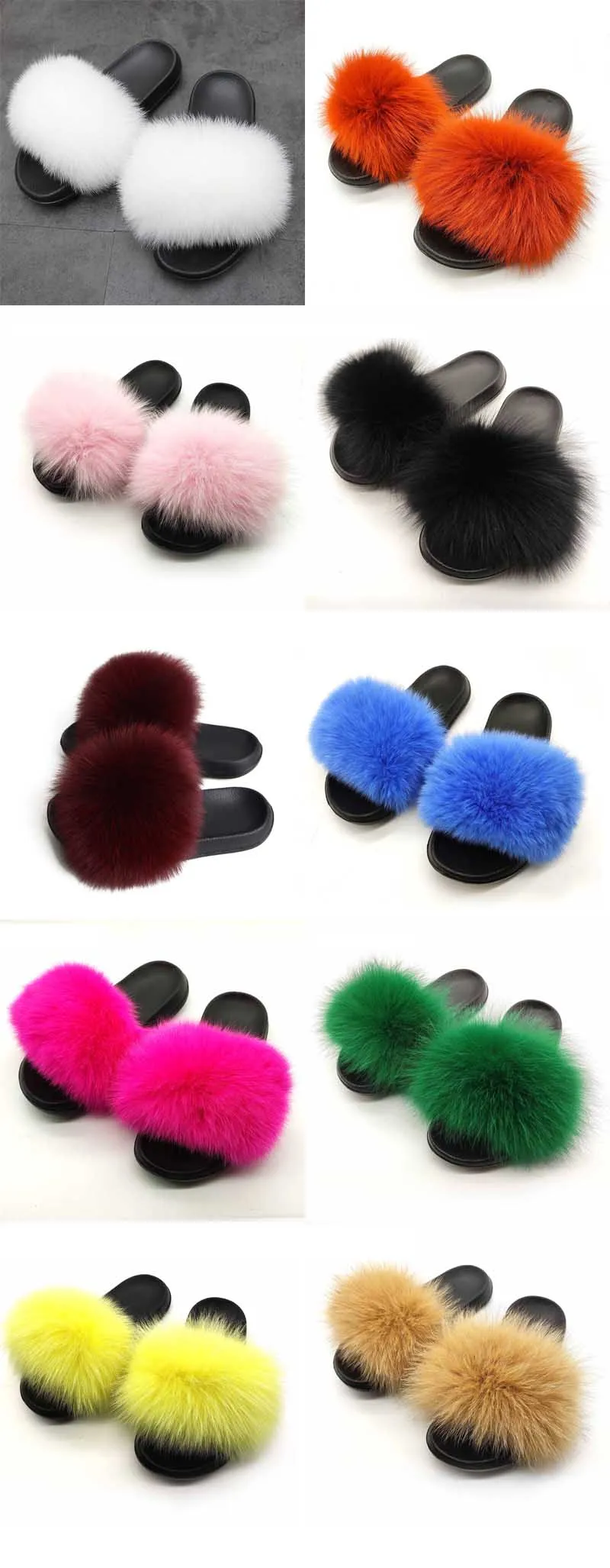 New Fashion Real Fox Fur Slippers for Women Customzed Plush Fur Slides Solid Color Female Hand Bags Sets