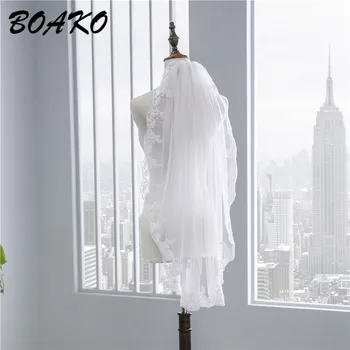 

BOAKO White Short Bridal Veils One Layer 90CM Lace Appliques Edge Wedding Veils with Comb Elbow Length Cheap Wedding Accessories