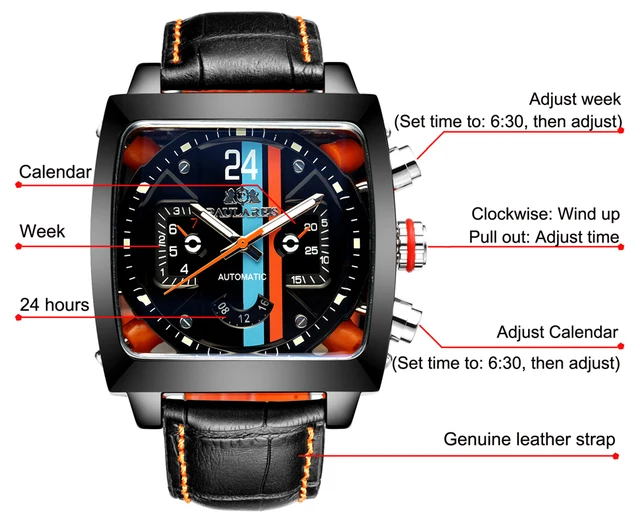 Automatic Self Wind Mechanical Genuine Leather Stainless Steel Black Orange Blue Casual Perspective See Through Men Watch 2