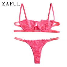 ZAFUL Lace Solid Underwire Caged Set Underwire Ring Embellished Lingerie Half Cup Adjusted-Straps Unlined Sexy Women Lingeries