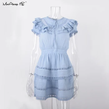 

Mnealways18 Ruffles Lace Blue Dress Women Summer Short Sleeve Flared White Dress Elegant Frill Party Dress Pink Chic Spring 2020