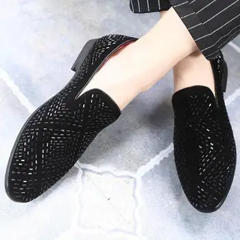 

37~48 Large Size Mocassins Men Black Suede Rhinestone Loafers Crystal Formal Wedding Leather Shoes Slip On Dress Flat Loafer