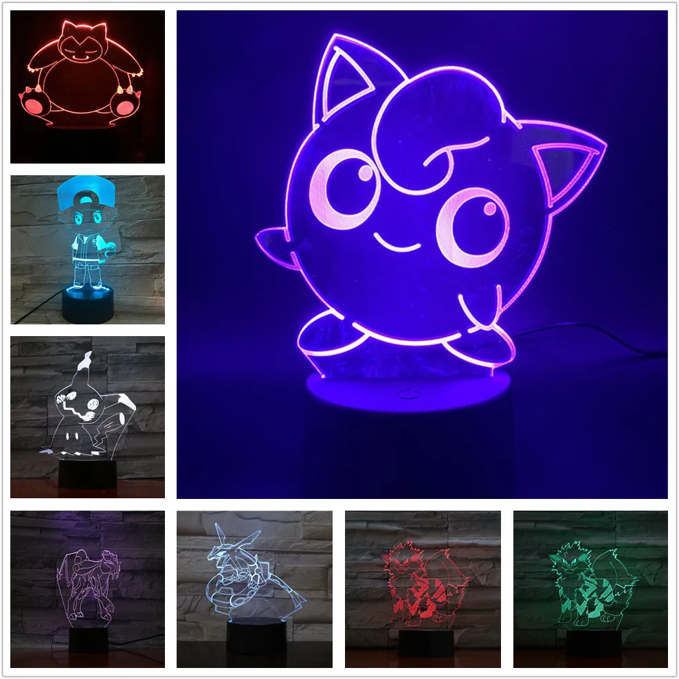 3D Night Light Pokemon Game Figure Lamp Ash Ketchum Jigglypuff Snorlax Mimikyu Arcanine Toy Model Kid Baby Gifts Anime Figurine
