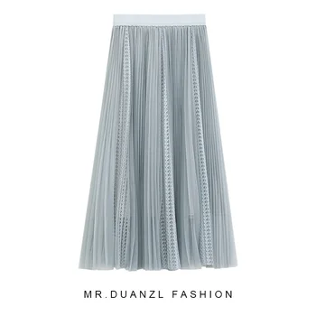 

spring and summer women 2020 new medium and long style show thin crotch large A-line lace skirt pleated long skirt