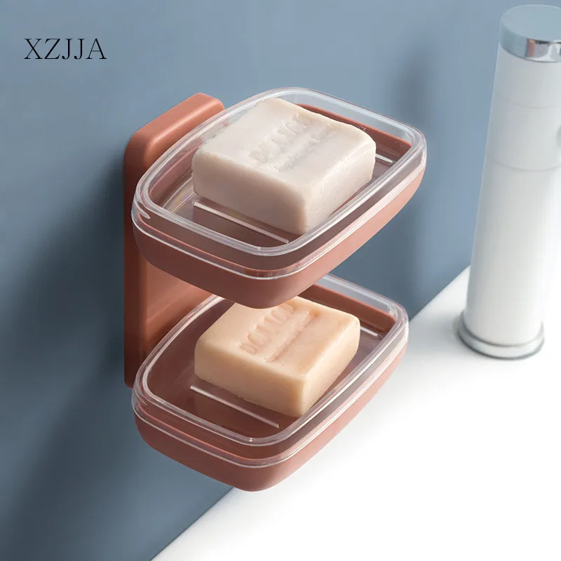 

XZJJA Removable Bathroom Double-deck Drain Soap Case Self-adhesive Wall Hanging Soap Tray Stand Soap Holder Bathroom Accessories