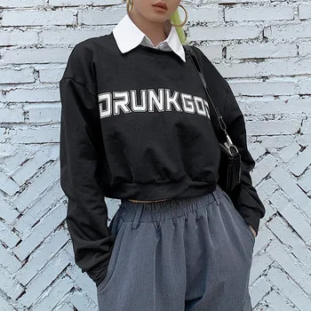 

Woman navel exposed short sweatshirt pullover coat casual warm top polo collar letter printing long-sleeved hoodies women