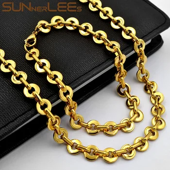 

SUNNERLEES 316L Stainless Steel Necklace Bracelet Set 8mm Geometric Link Chain Gold Color High Polished Men Women Gift SC180 S
