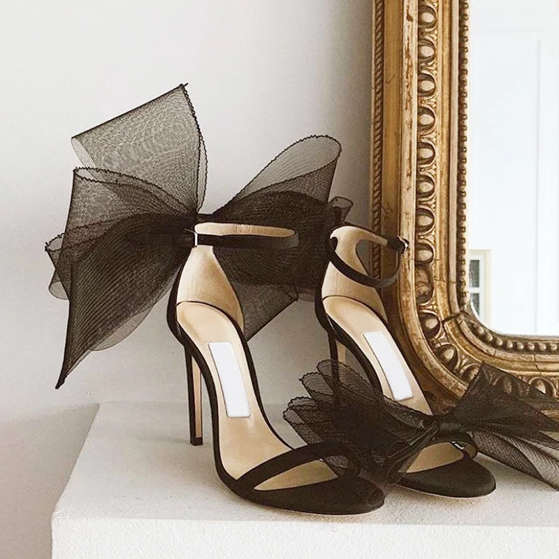 Sexy-Butterfly-Knot-High-Heel-Sandals-Black-White-Satin-High-Heel ...