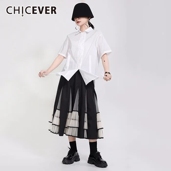 

CHICEVER Patchwork Mesh Women's Skirt High Waist Elastic Irregular Hem Pleated Midi Skirts Female Summer 2020 Fashion Tide