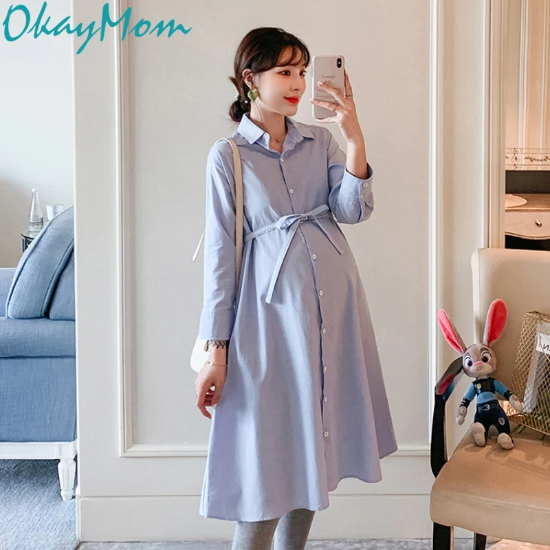 OkayMom синяя длинная одежда для беременных, платья OL Блузка рубашка платье для беременных женщин Одежда для беременных Повседневная Свободная Vestidos Осень