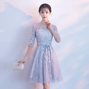 

Gray Womens Wedding Party Dress O-Neck Embroidery Evening Cheongsam Flower Short Elegant Qipao Gowns Retro Vestido XS-XXL