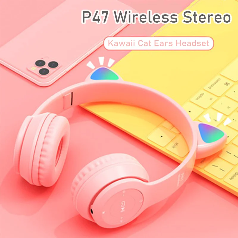 P47 Luminous Cute Cat Ears Headphones with Microphone Kawaii Wireless