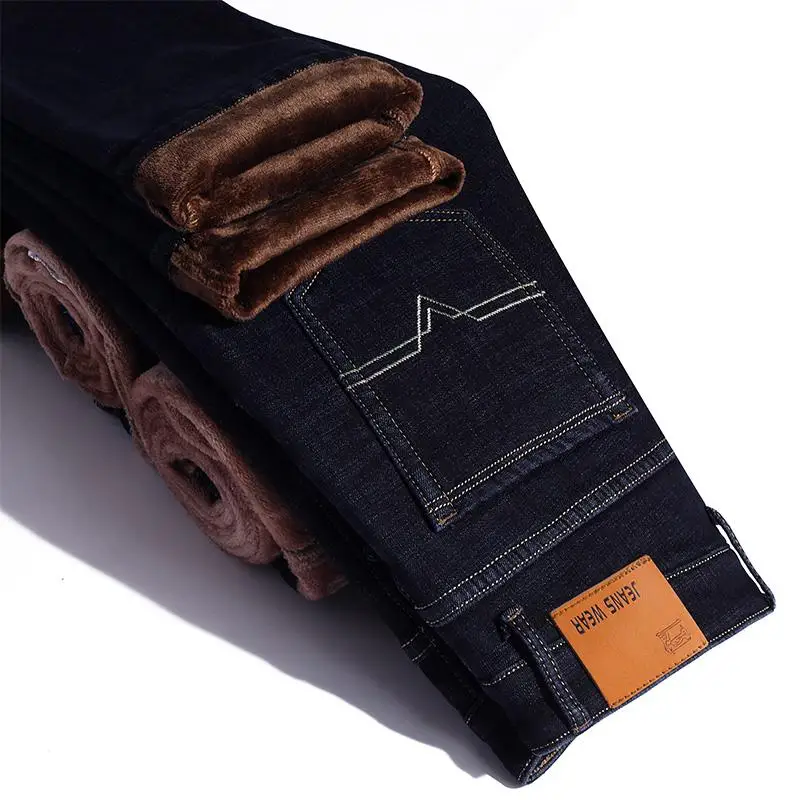Мужские зимние качественные флисовые зимние теплые фланелевые Стрейчевые джинсы от известного бренда, мужские прямые флокированные брюки, мужские джинсы - Цвет: Blue Black 1820