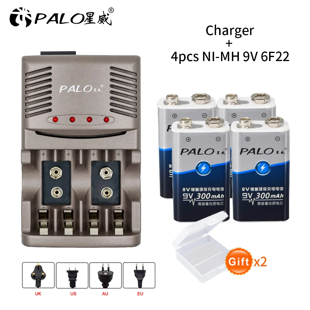 

4pcs 9V 6F22 300mAh ni-mh rechargeable battery + smart LED charger for AA AAA 9V 6F22 Ni-MH Ni-Cd travel EU US UK AU plug