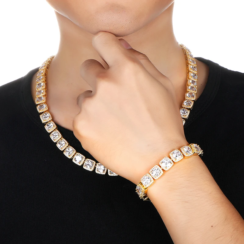 10 мм Bling Iced Out кубического циркония браслет ожерелье геометрический квадрат AAA CZ камень теннисная цепь для мужчин женщин рэппер ювелирные изделия