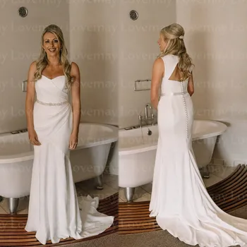 

Simple Satin Mermaid Wedding Dresses V Neck Sleeveless Beaded Belt Bride Dress Bridal Gowns Vestidos De Novia Custom Made