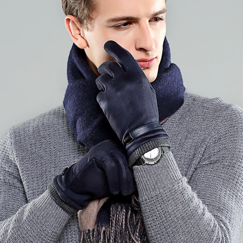 Модные теплые зимние мужские замшевые кожаные перчатки для экрана телефона простые мужские мотоциклетные лыжные Нескользящие варежки Зимние Осенние перчатки