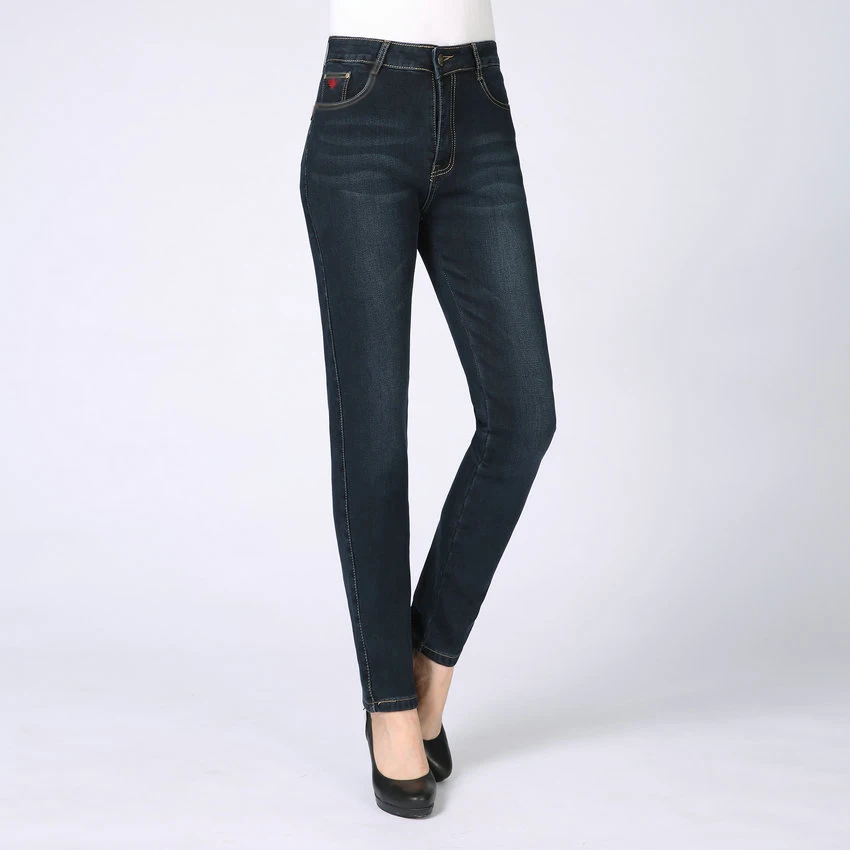 Зимние джинсы для мамы темно-синие плотные флисовые обтягивающие женские узкие с