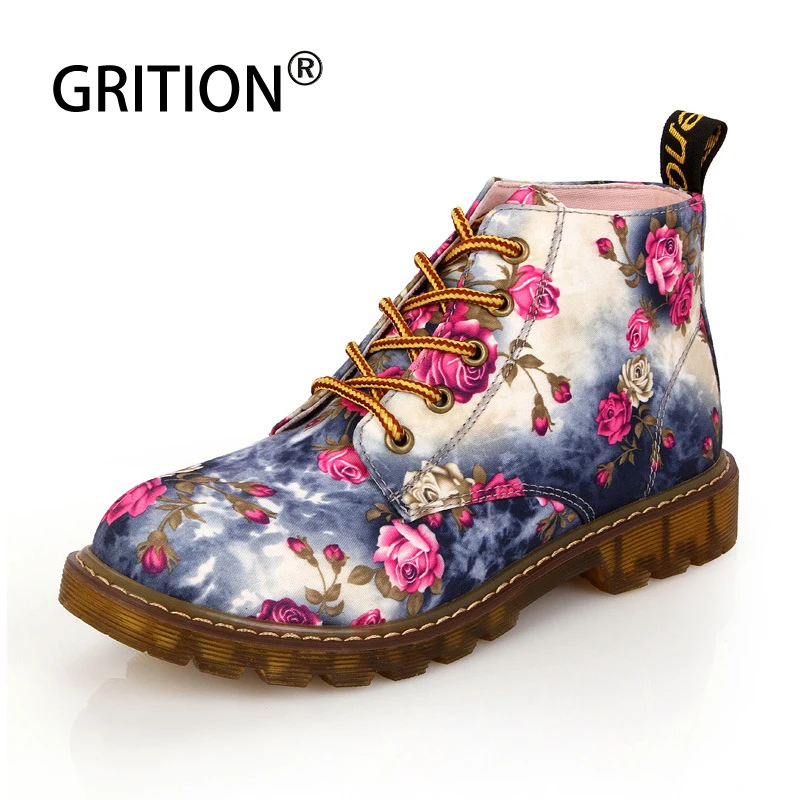 

GRITION Dr Martens Women Boots Retro Flower Print Flat Platform Shoes Autumn Winter 2019 Comfort Cotten Female Ankle Boots 40#
