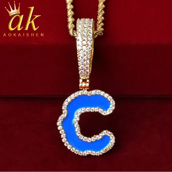 

Initial Solid Back Blue Oil Bubble Letters Pendant Necklaces For Women Gold Color Cubic Zircon Hip Hop Rock Street Jewelry