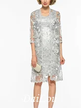 Two Piece Sheath / Column Mother of the Bride Dress Elegant V Neck Knee Length Lace 3/4 Length Sleeve with Embroidery 2021