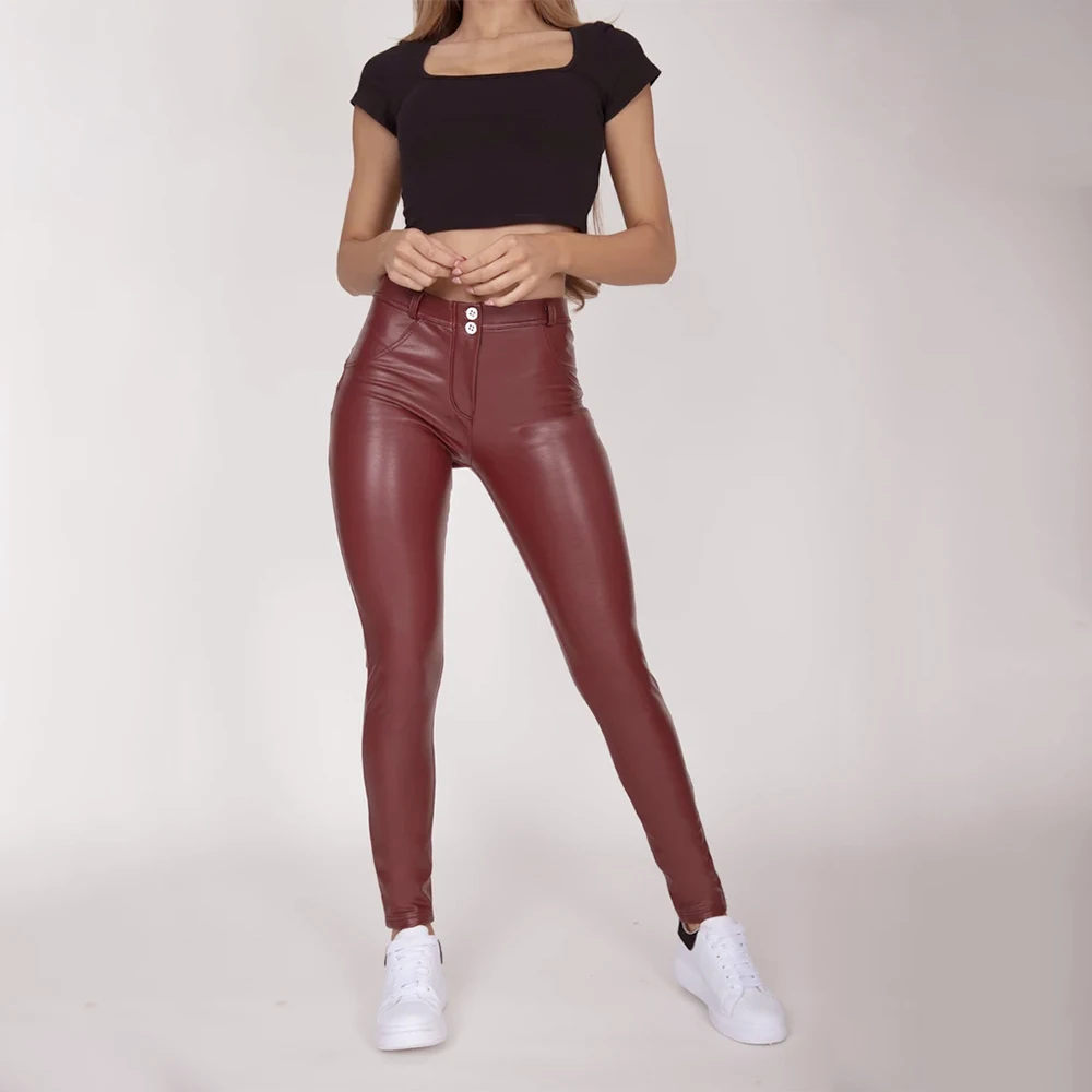 Wine Red Melody, четыре способа растягивания, черные леггинсы из искусственной кожи, зимние, теплые, с флисовой подкладкой, средняя талия, обтягивающие, размера плюс, леггинсы для женщин - Цвет: Wine Red